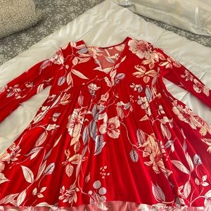 Long sleeve free people dress. Red tropical pattern.